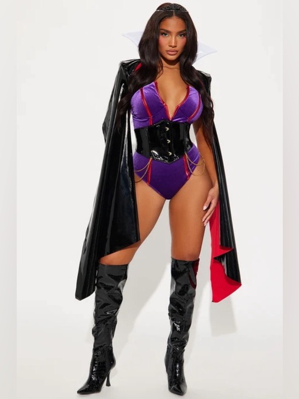 Fashion Nova Purple Satin Bodysuit with Black Vinyl Corset and Red-Lined Cape